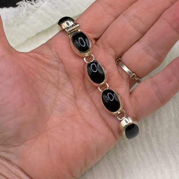 Taxco Black Onyx Sterling Silver 925 Mexico Vtg Bracelet Modernist J419 - Picture 6 of 10